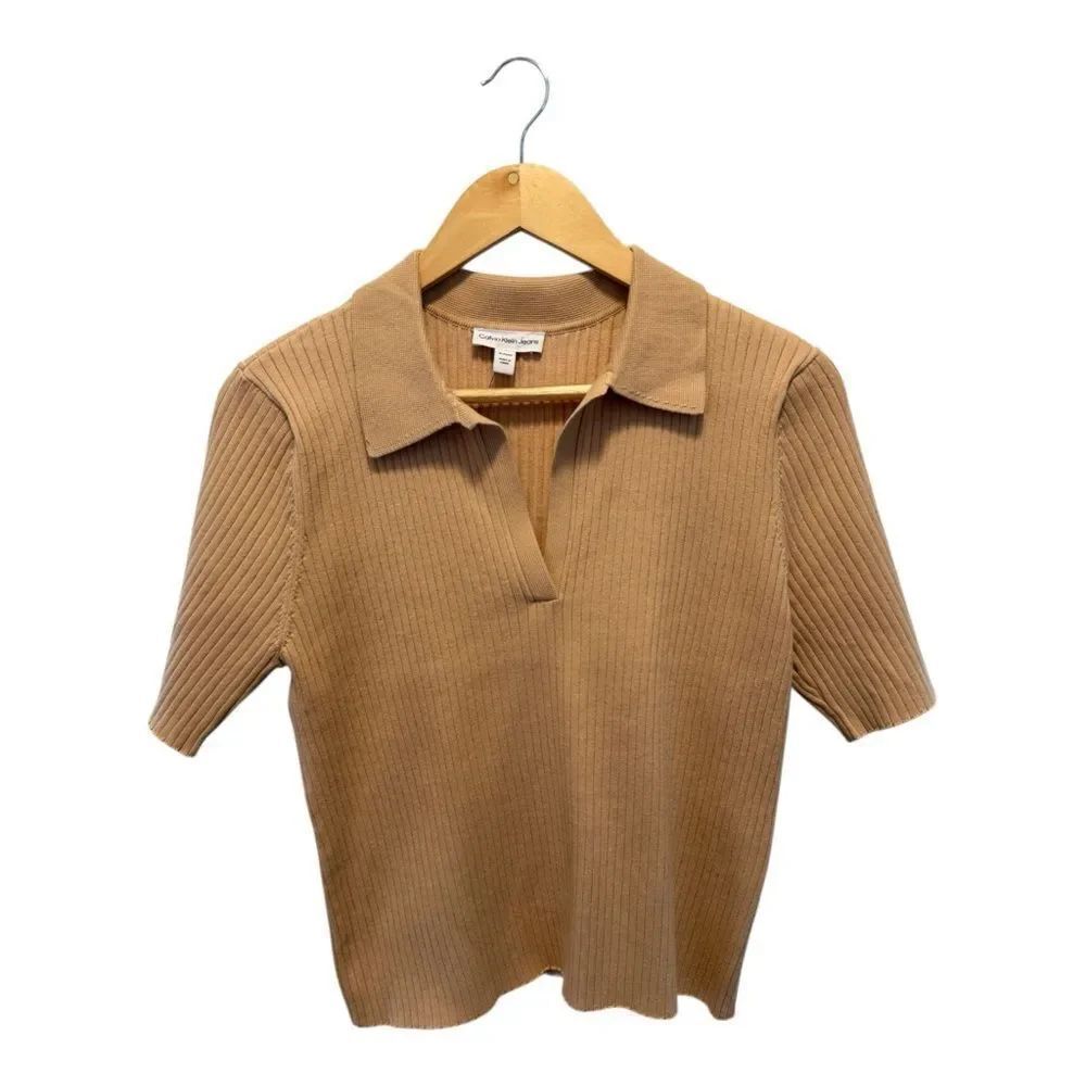 Calvin Klein Women’s XL Ribbed Polo Short-Sleeve Tan Top